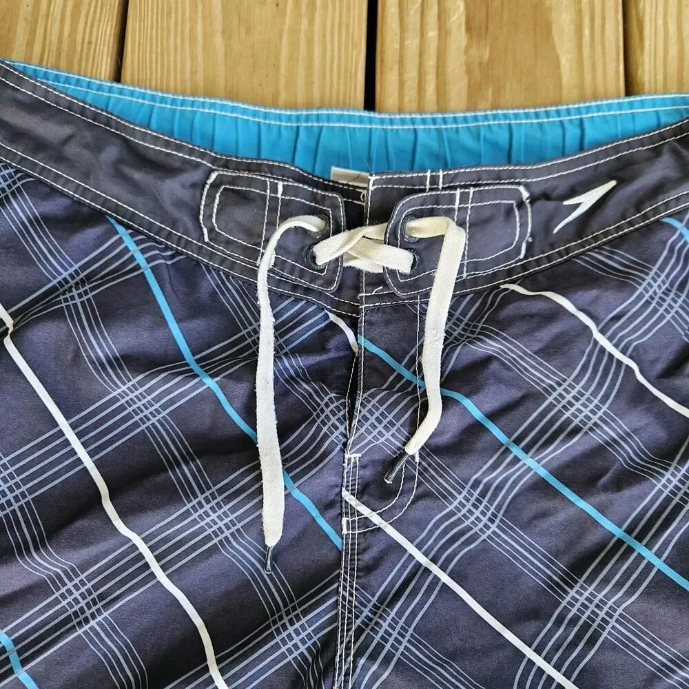 Speedo Mens's Medium Plaid Board Shorts Blue Orange Retro Surf Swim Trunks